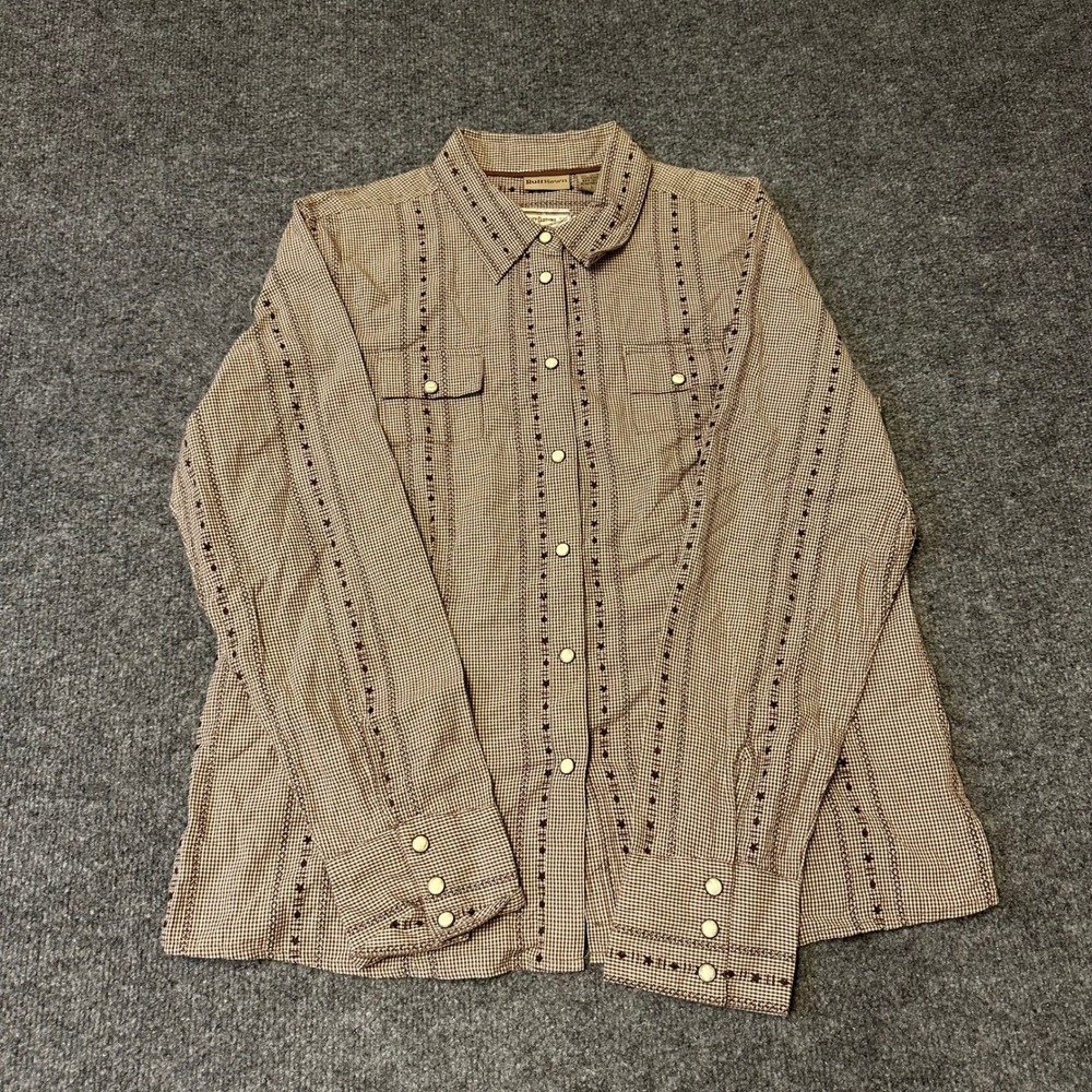 Ruff Hewn Button Down Womens Size L Brown Gingham Star Embroidered Western Shirt